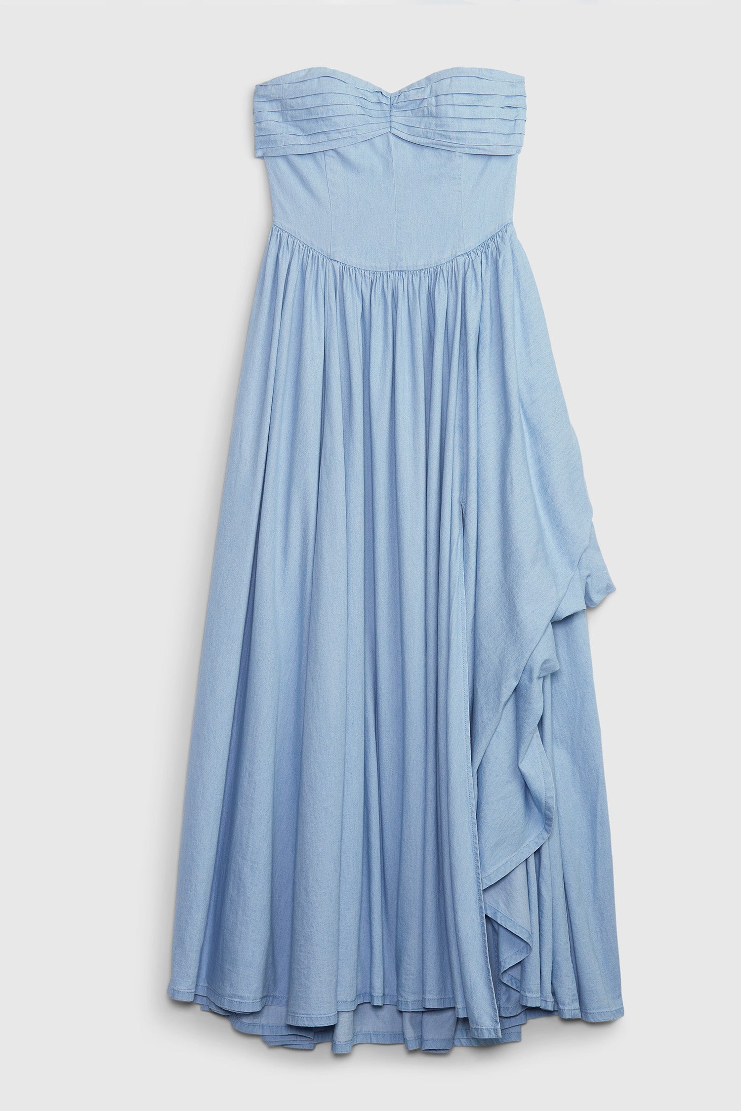 Bue denim strapless maxi dress with corset top and tiered skirt