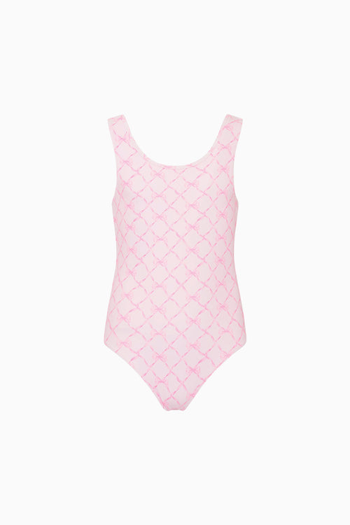 Pink bow patterned swimsuit on a white background