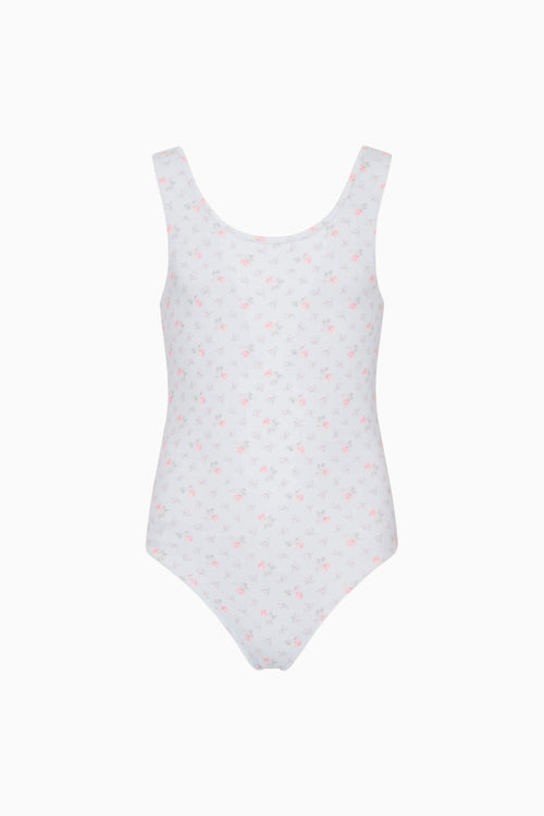Blue swimsuit with small floral pattern on a white background