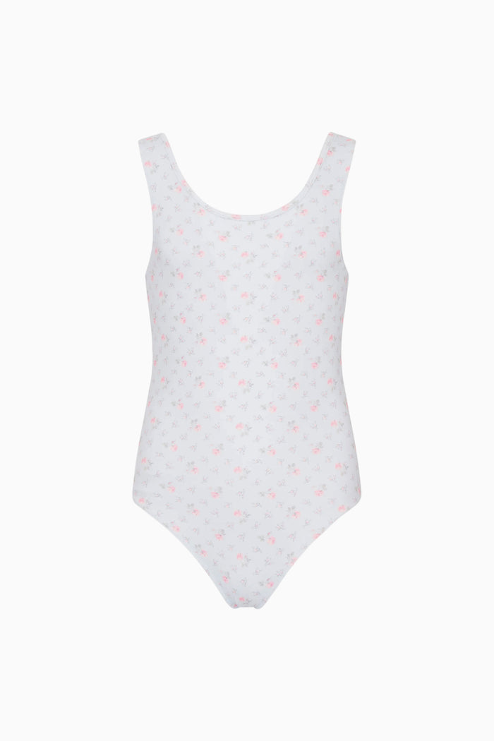 Blue swimsuit with small floral pattern on a white background