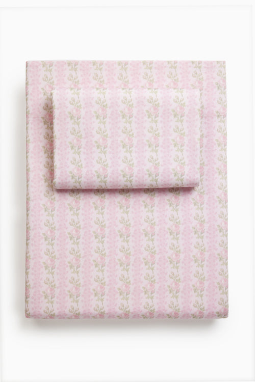 Pink floral patterned sheet set on a white background