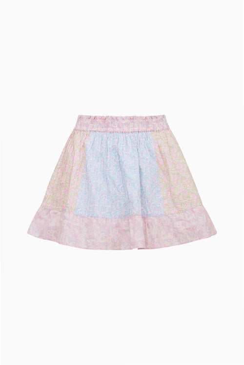 Skirt with pastel color block floral design on a white background