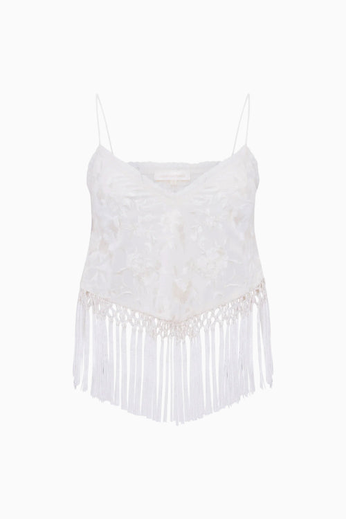 White fringe crop top on a white background