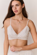 Woman wearing a white lace bralette top with lace ruffle long sleeve top over shoulders against a plain background