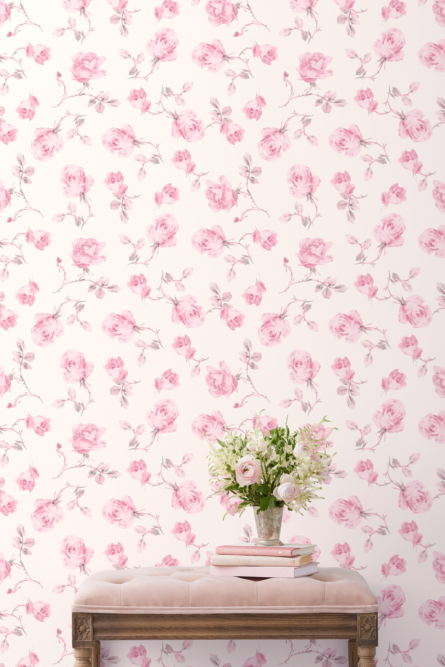 Introducing a delicate rose print wallpaper featuring a soft pink background. This wallpaper exudes elegance with its large, intricately detailed roses.