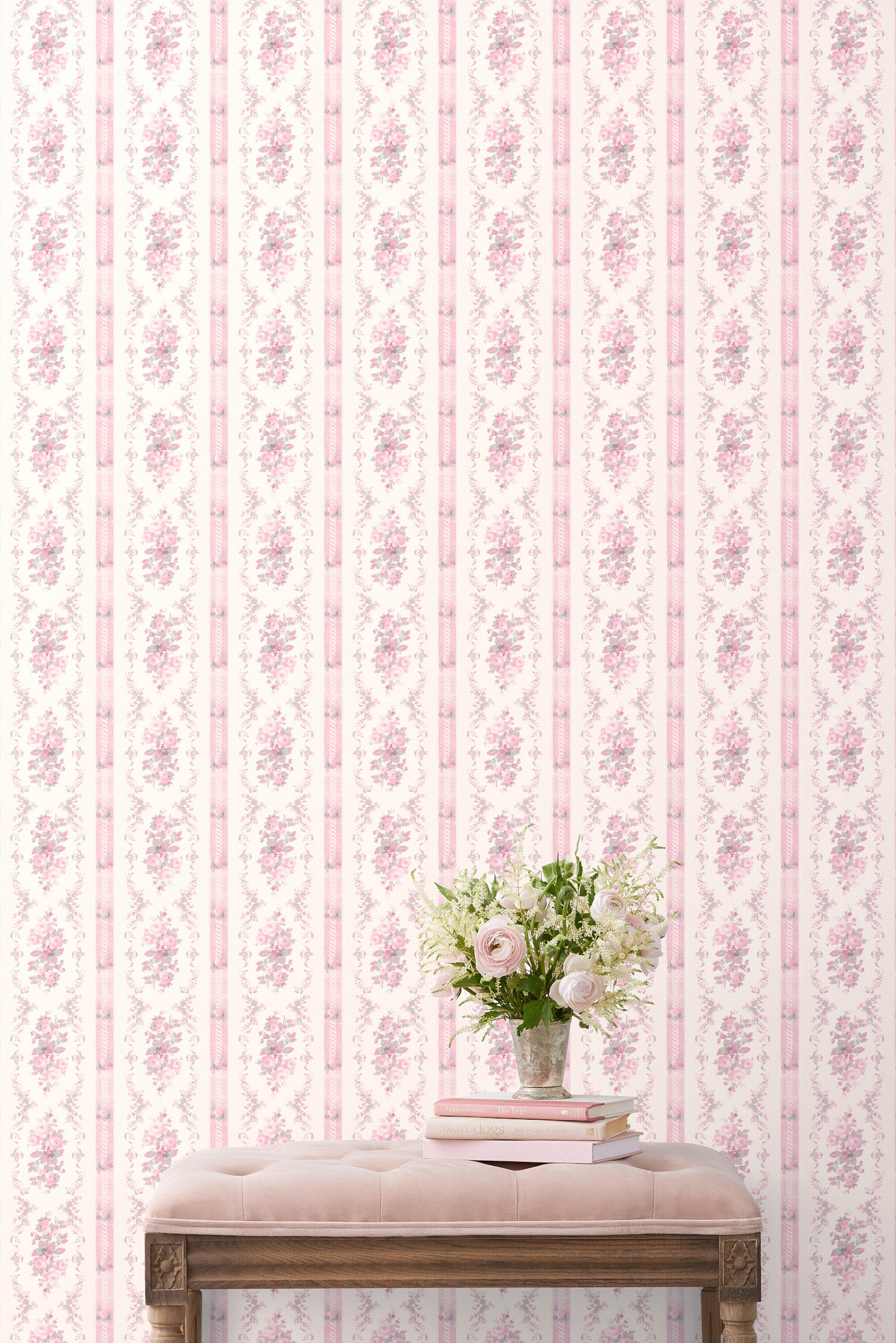 This design showcases beautiful baby pink floral prints delicately scattered across a pristine white backdrop. Adding to its visual appeal, a subtle pink strip elegantly separates the floral patterns, creating a sense of depth and space.