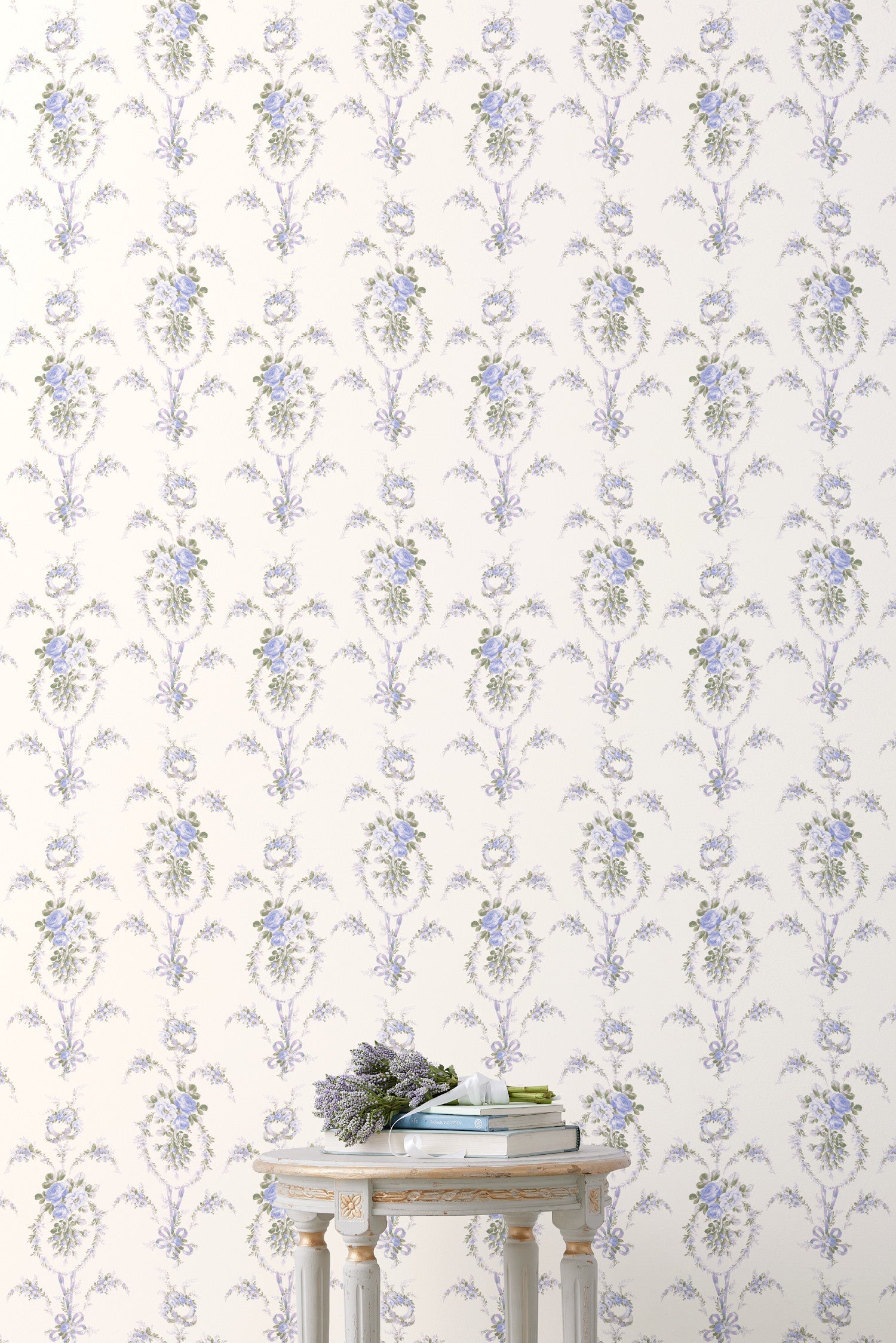 A Lavender and blue rose bouquet wallpaper against a soft antique white background
