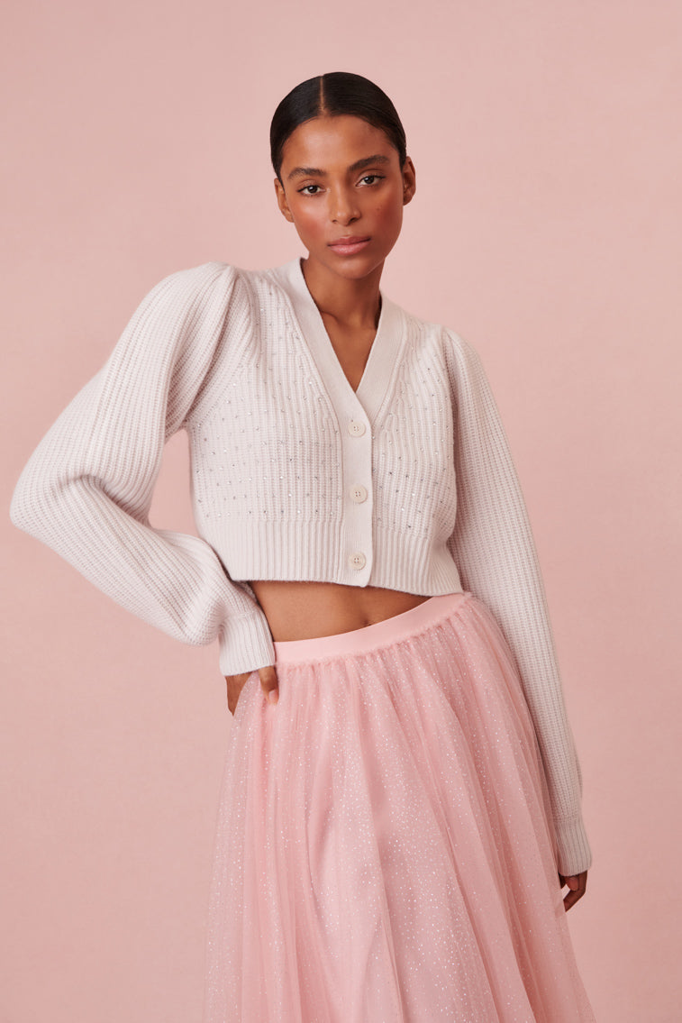 Cashmere wool sweater embellished with tiny crystals at the front.