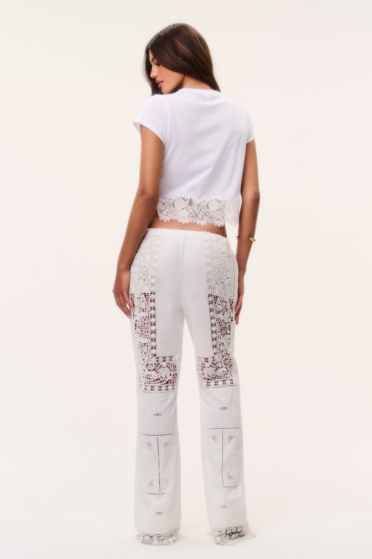 パンツ ApartmentThreeHigh-Waisted FlareTrousers Flare Leg Sheer Lace Full Length Trousers | LoveShackFancy