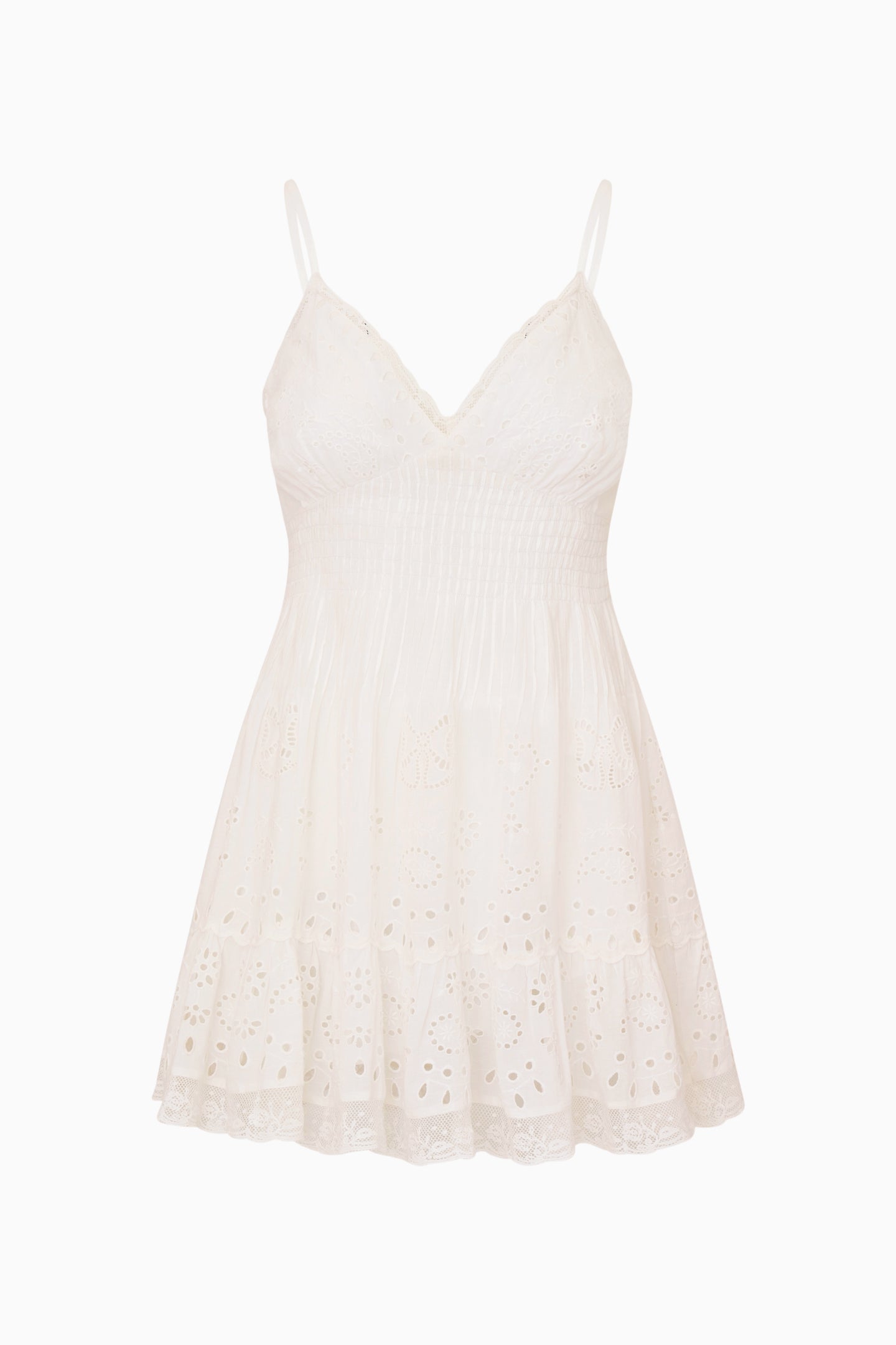 美品タグ付き【SLOANE】boutique310 80sパワーウーマン 白 Paisley Cotton Smocked Spaghetti Strap Mini Dress | LoveShackFancy
