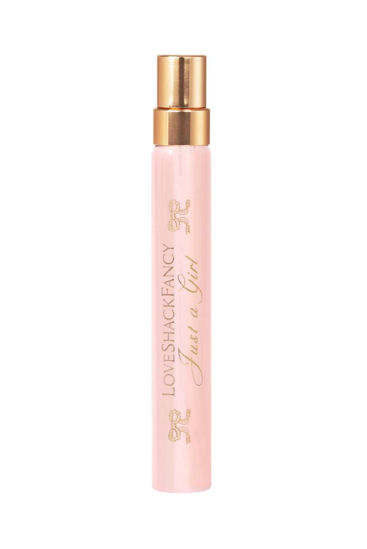 Single pink perfume travel spray bottle with gold mist sprayer, gold-tone top.