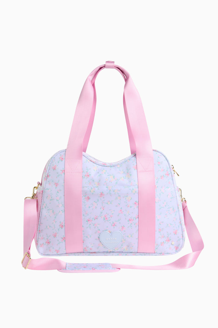 Light blue duffel bag with pink straps on a white background - Customized