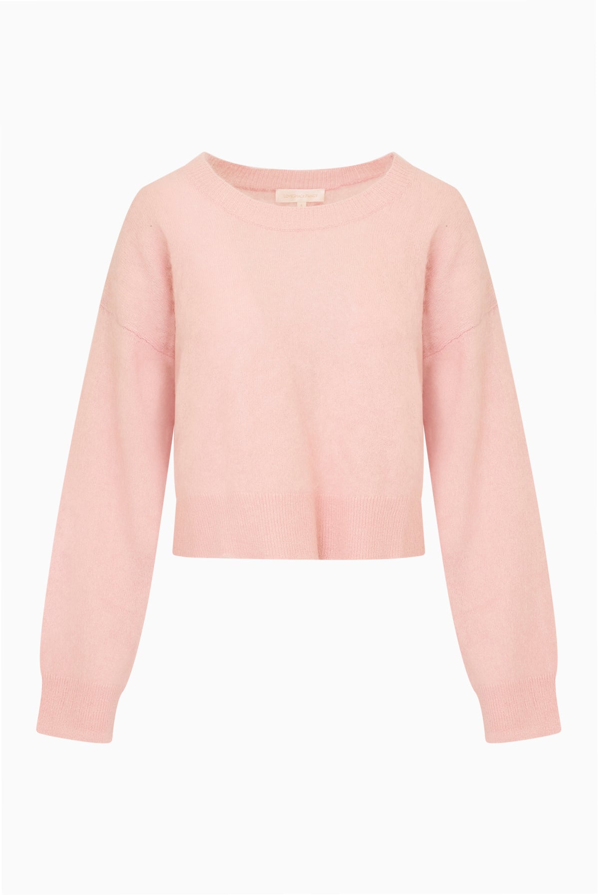 Pink crewneck knit pullover sweater with long sleeves, flat lay front view