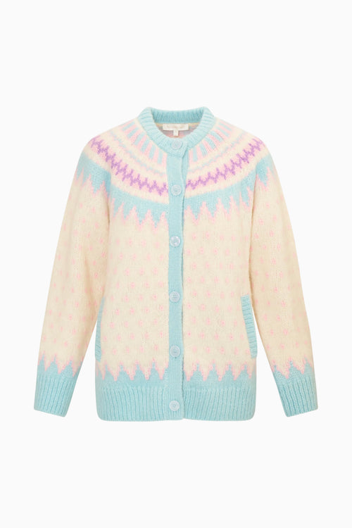 Pastel-colored cardigan with a geometric pattern on a white background
