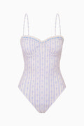 Striped floral swimsuit with thin straps on a white background