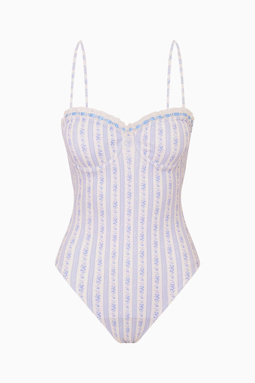 Striped floral swimsuit with thin straps on a white background