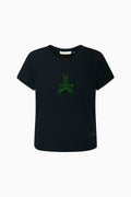 Black t-shirt with a green logo on a white background