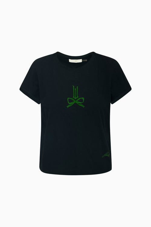 Black t-shirt with a green logo on a white background