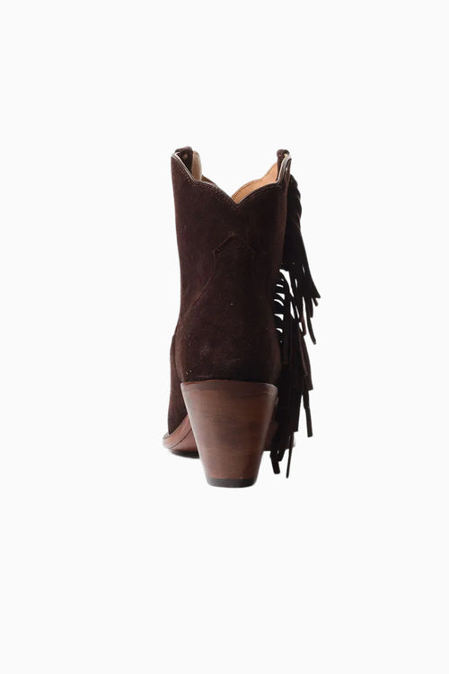 Brown suede fringe boot on a white background