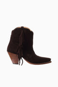 Brown suede cowboy boot with fringes on a white background