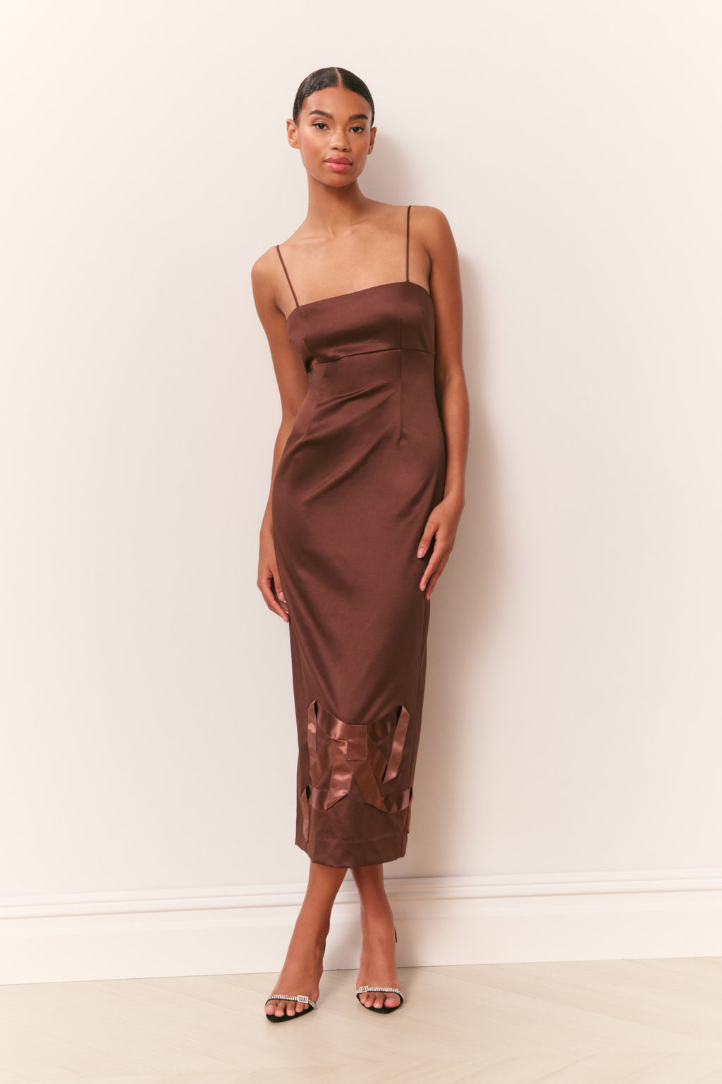 Calise Satin Bow Detail Midi Dress for Women in Gold, Size: 6, by LoveShackFancy