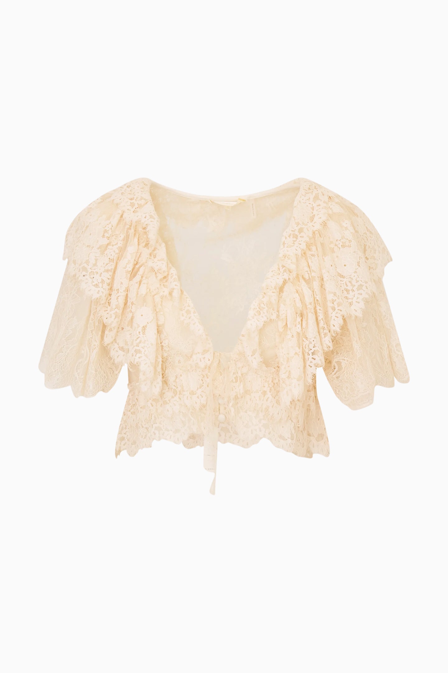 Paoページ　Floral Lace Ruffled Top PEONY PADDED CHIFFON FLORAL LACE FLUTTER SLEEVE TOP | Lovet