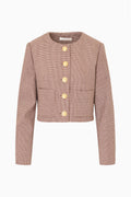 Brown and beige cropped checkered jacket detail view: gold-tone button front and patch pockets