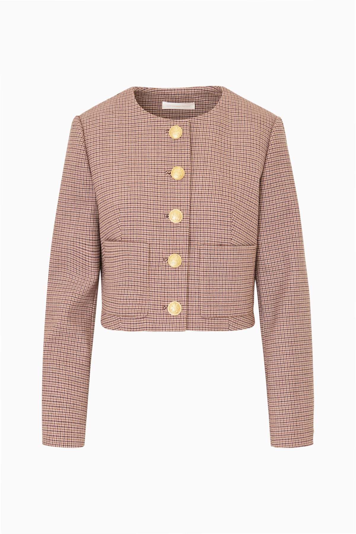 Brown and beige cropped checkered jacket detail view: gold-tone button front and patch pockets