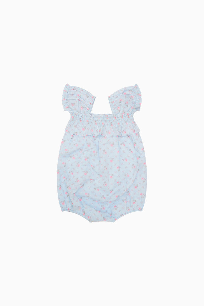 Light blue baby romper with floral pattern on a white background