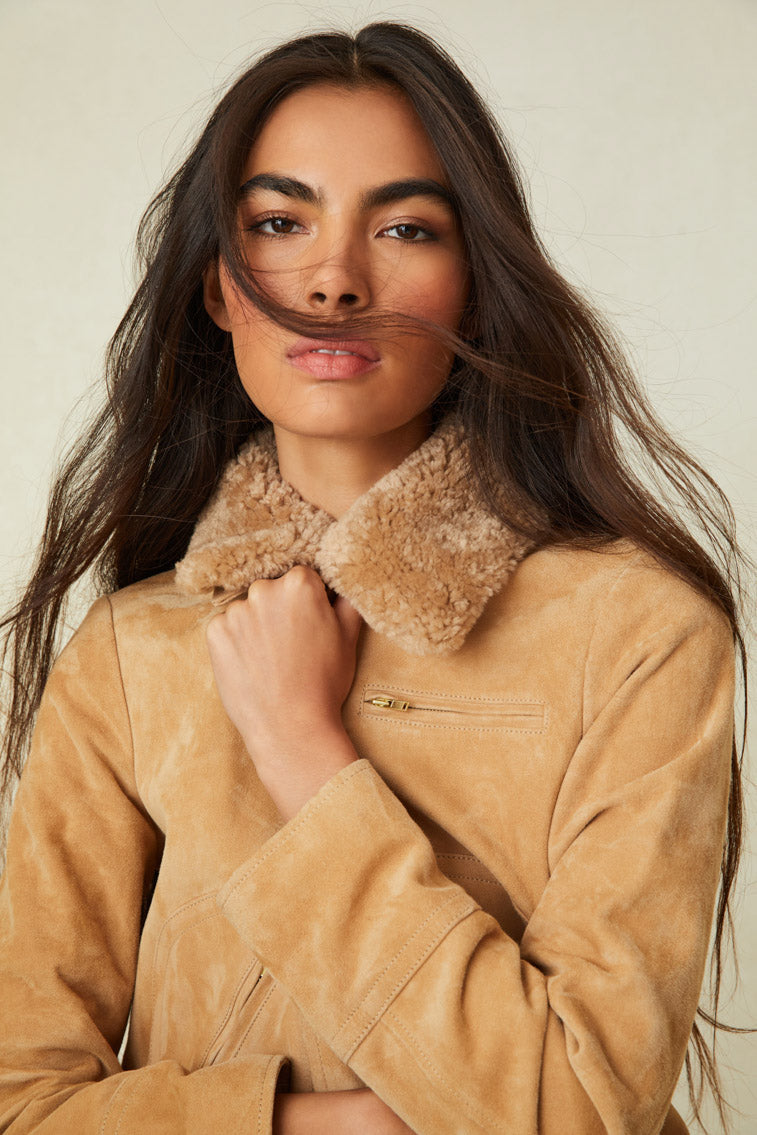 Cropped Long Sleeve Suede Jacket with Fur collar trim and industrial gold zipper