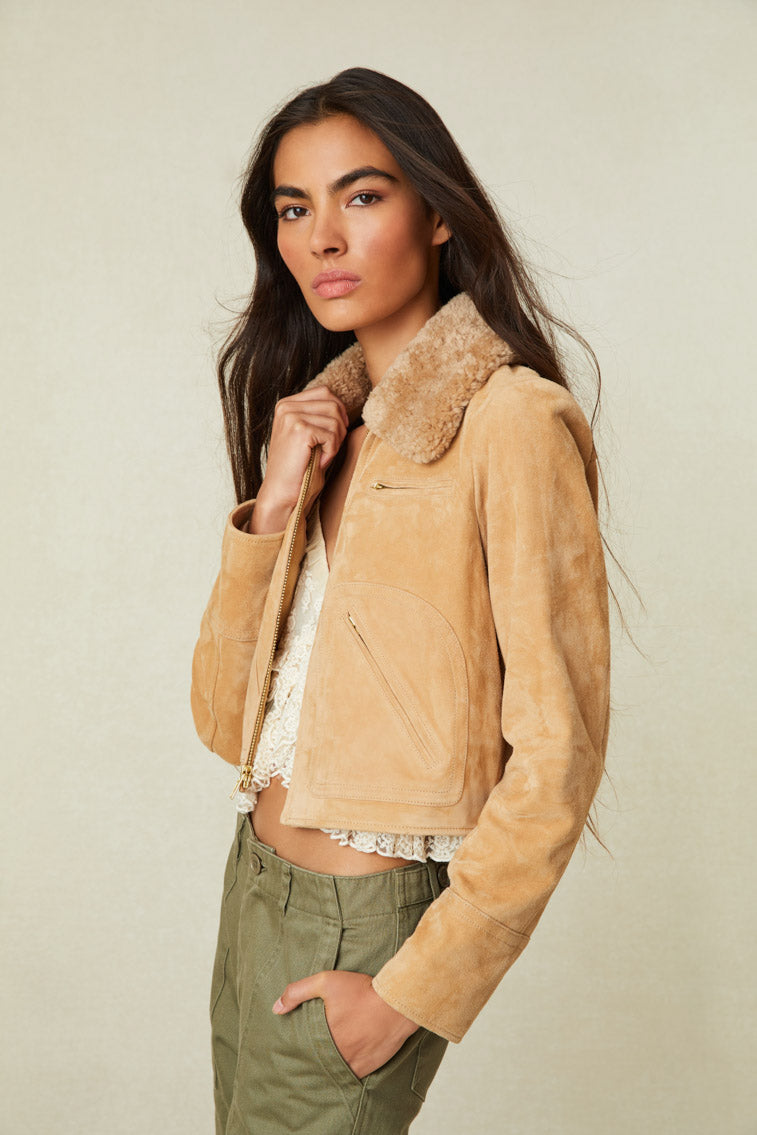 Cropped Long Sleeve Suede Jacket with Fur collar trim and industrial gold zipper