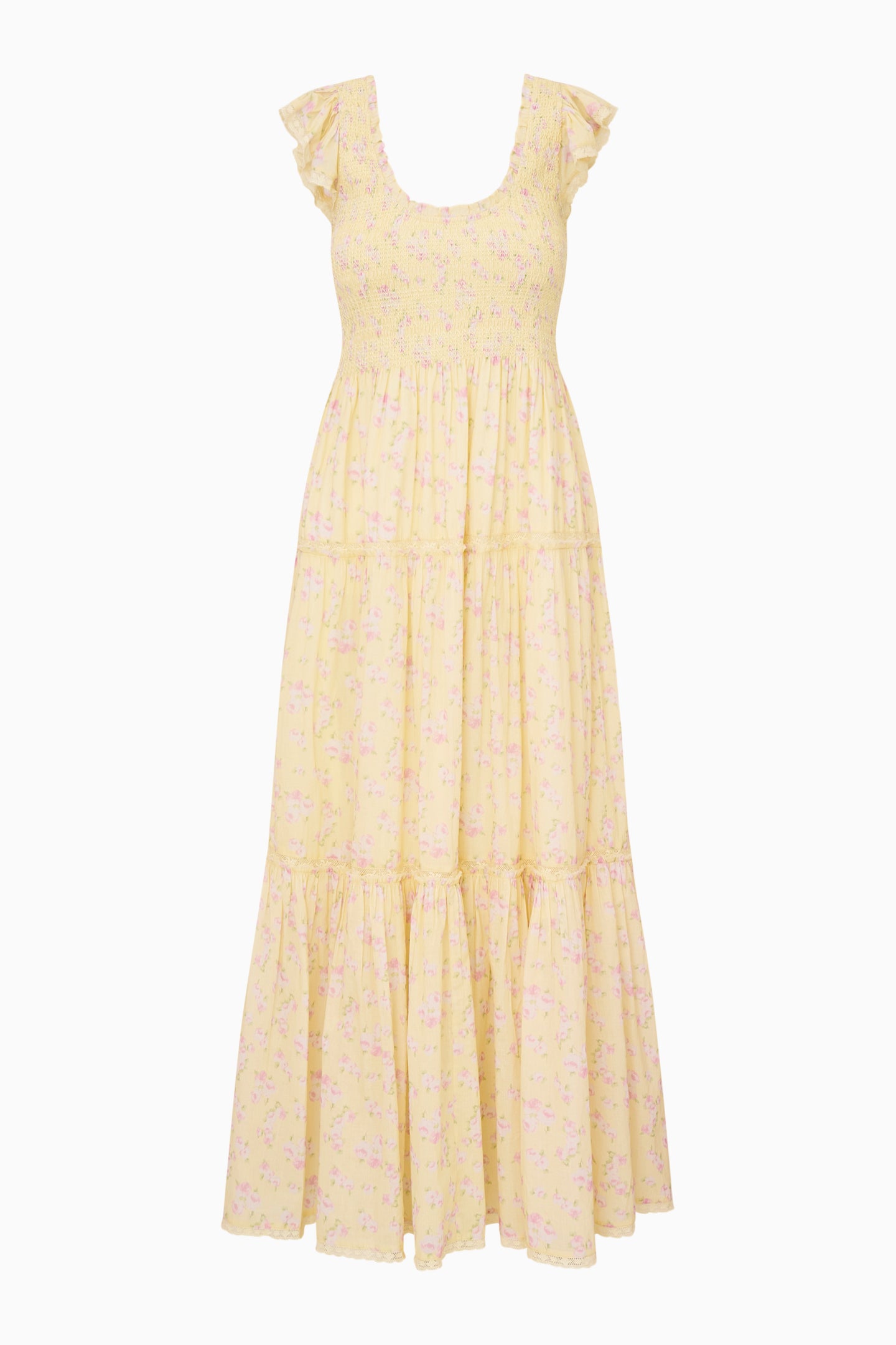 Floral Smocked Ruffle Short Sleeve Maxi Dress | LoveShackFancy