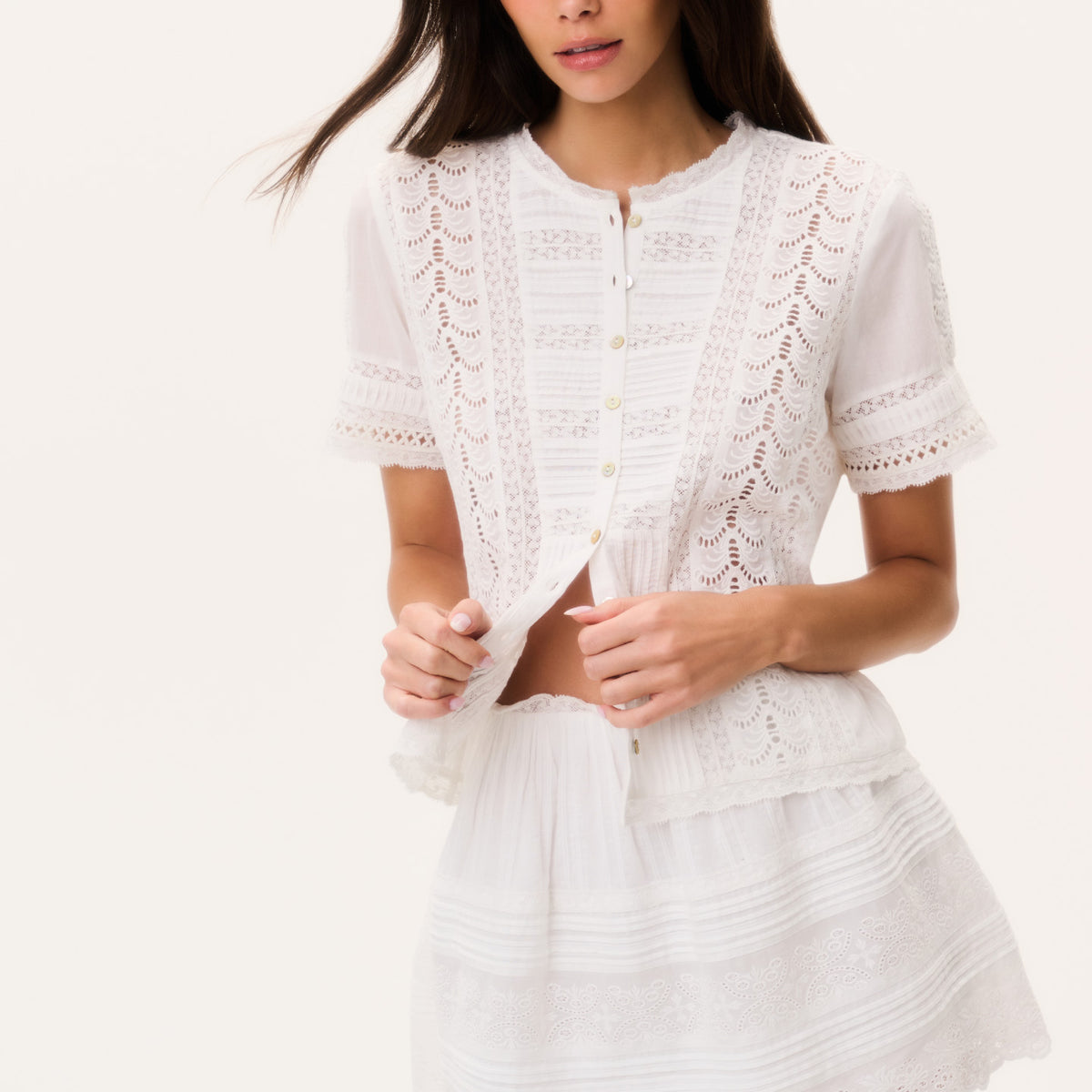 Pointelle Eyelet Lace Pearl Buttons Short Sleeve Blouse