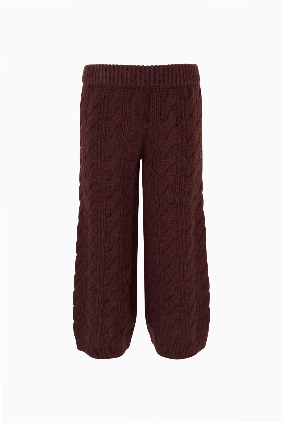 Little girls Shalley pants, burgundy knit with cable pattern and elastic waistband, detail view