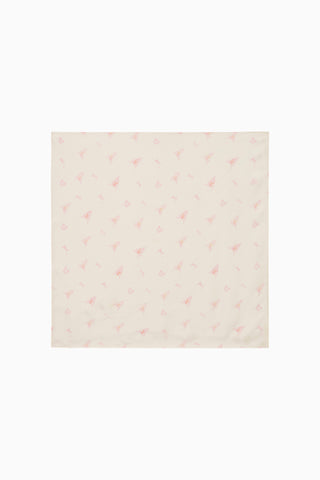 White fabric square scarf with pink floral pattern on a white background