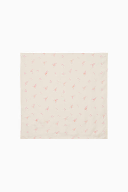 White fabric square scarf with pink floral pattern on a white background