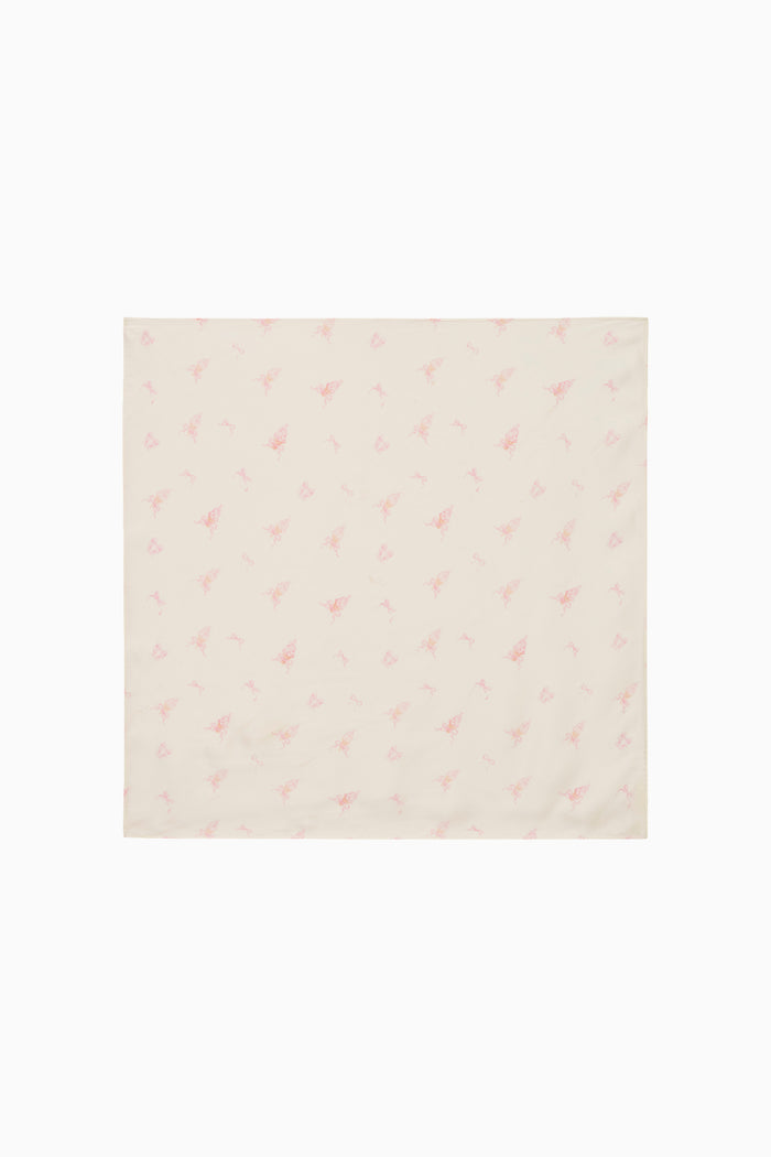 White fabric square scarf with pink floral pattern on a white background