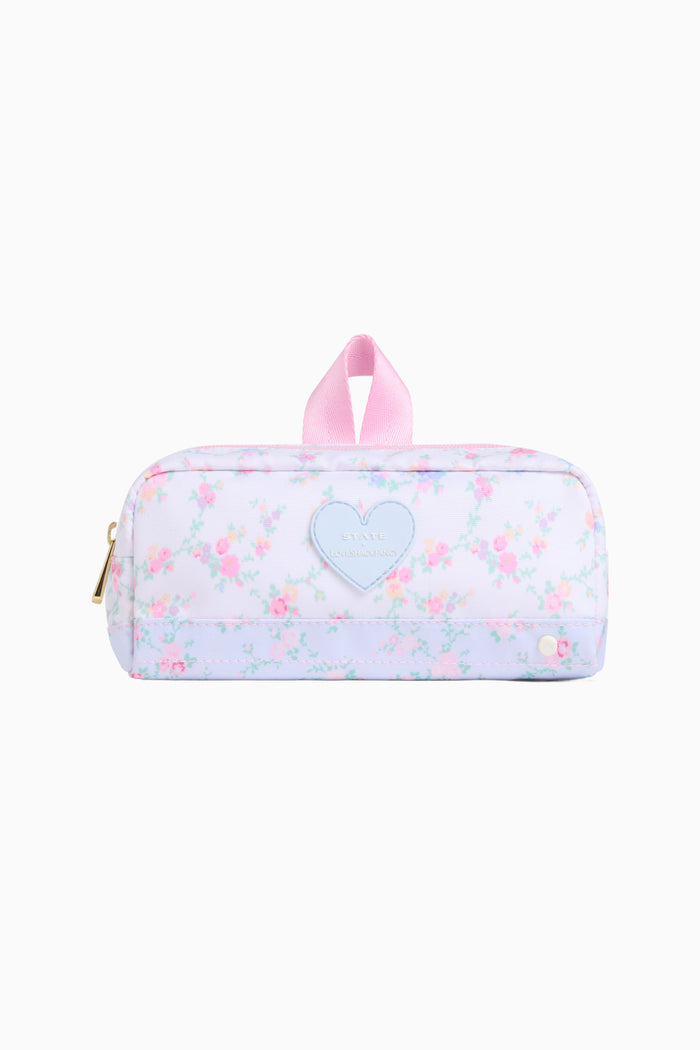 Cosmetic bag with heart design and pink handle on a white background