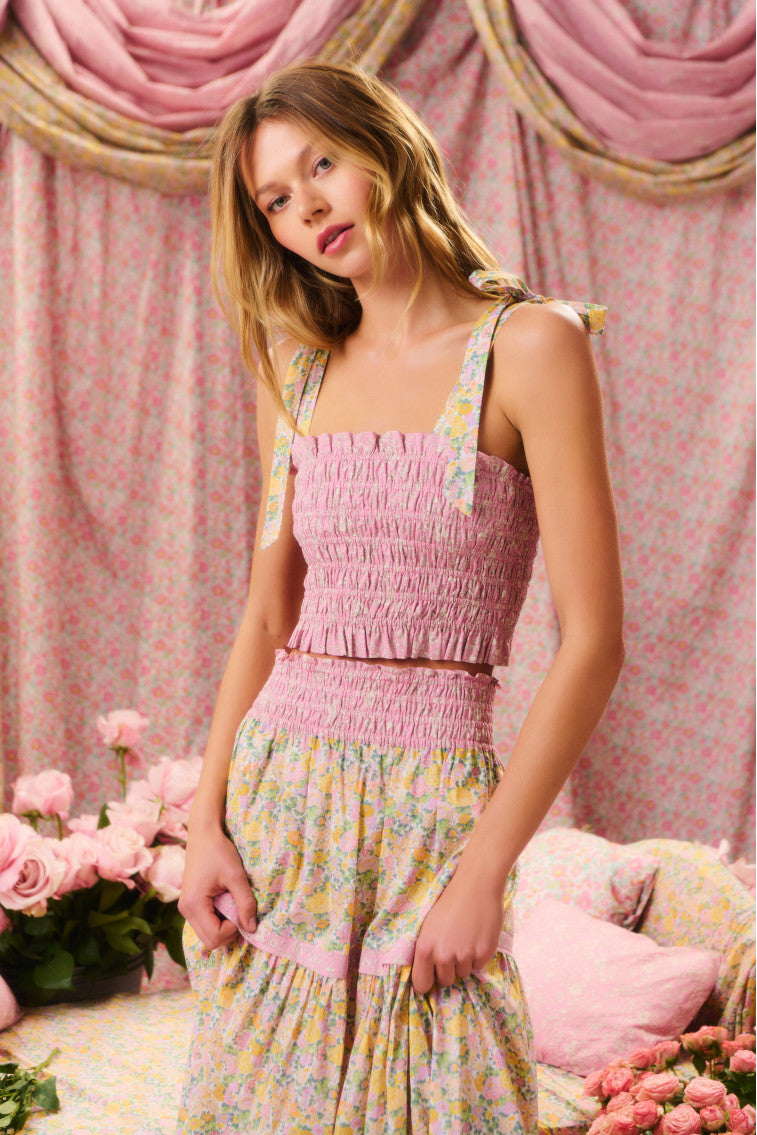 Smocked crop top with double layered straps and a two-toned mix floral print.