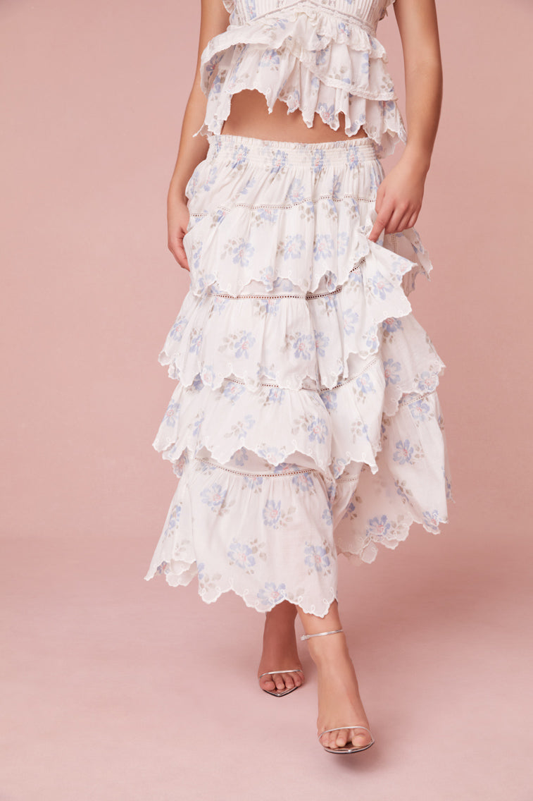 Multi-tiered maxi skirt in blue floral print
