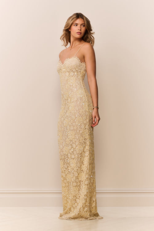 Woman wearing a long, floral lace dress against a plain background