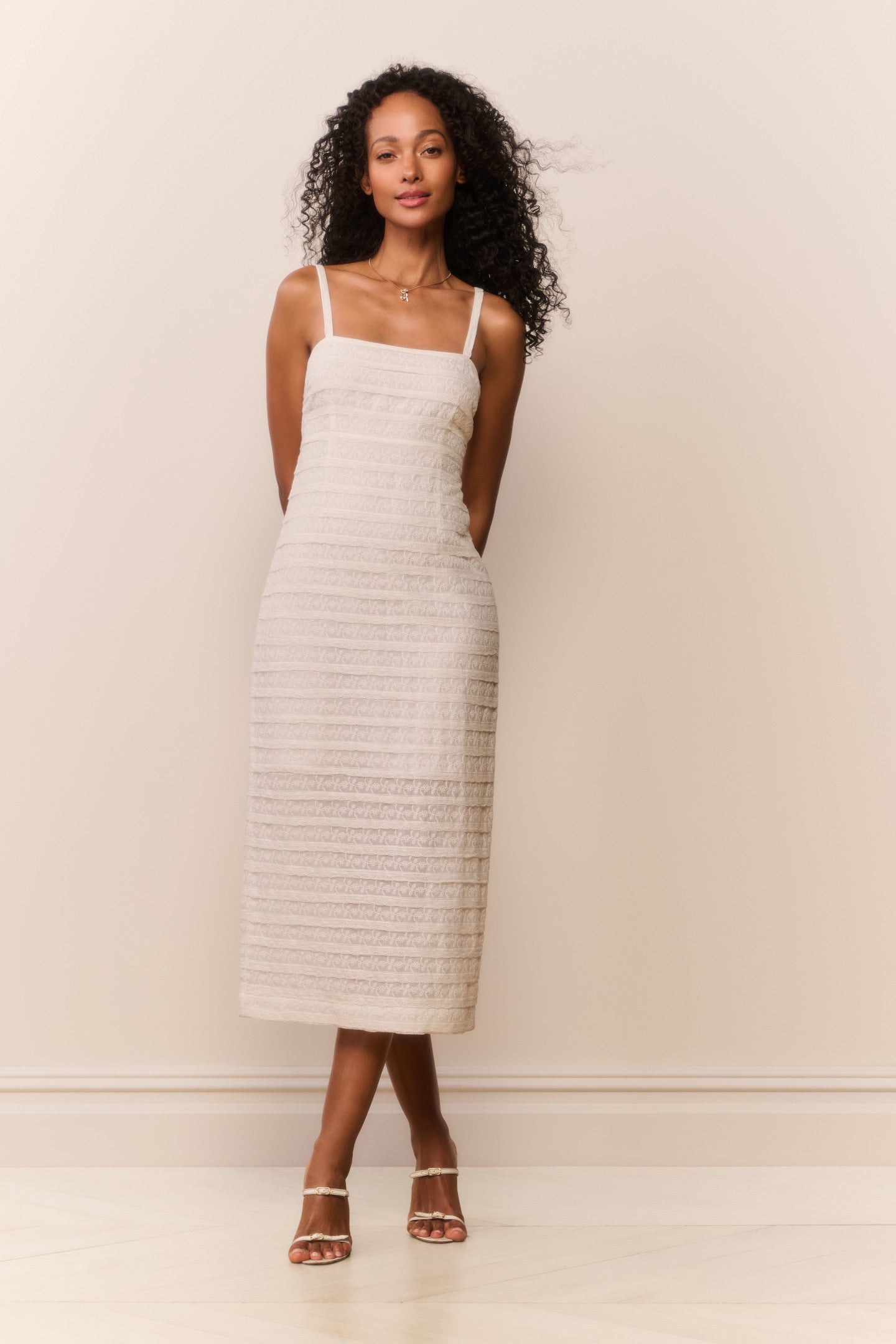 Striped Lace Spaghetti Strap Square Neck Midi Dress | LoveShackFancy