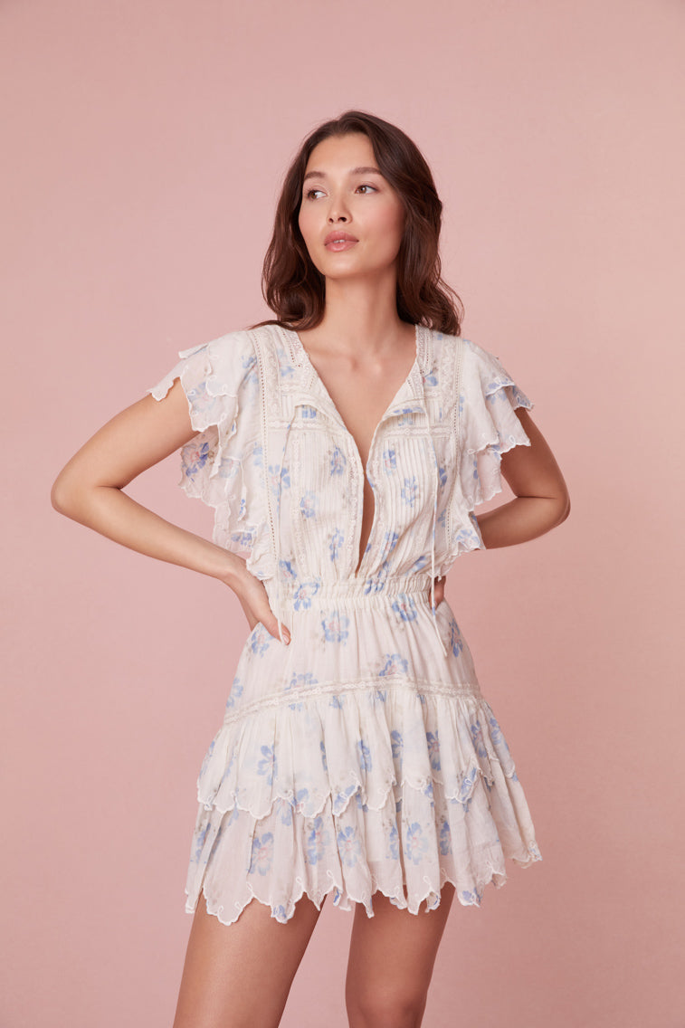 Mini dress with flutter sleeves featuring delicate pin-tucks and lace details 