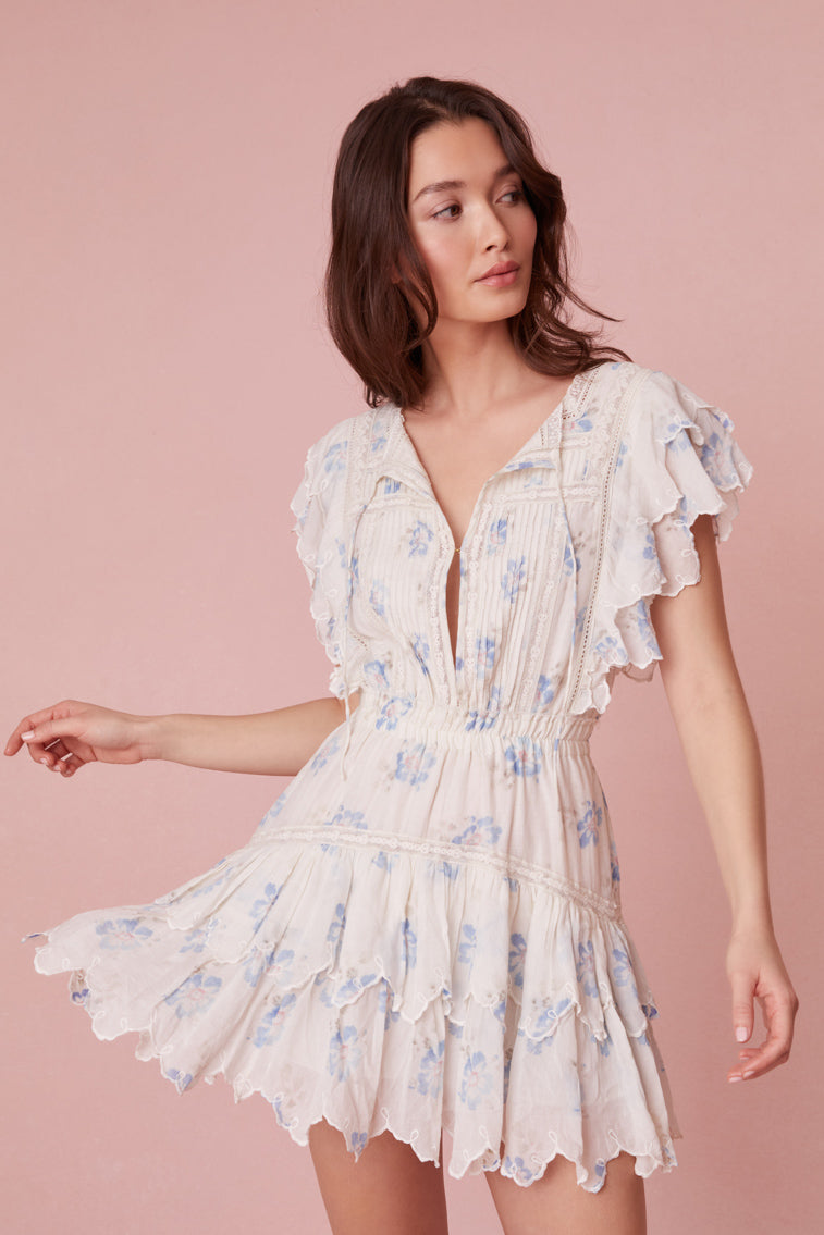 Mini dress with flutter sleeves featuring delicate pin-tucks and lace details