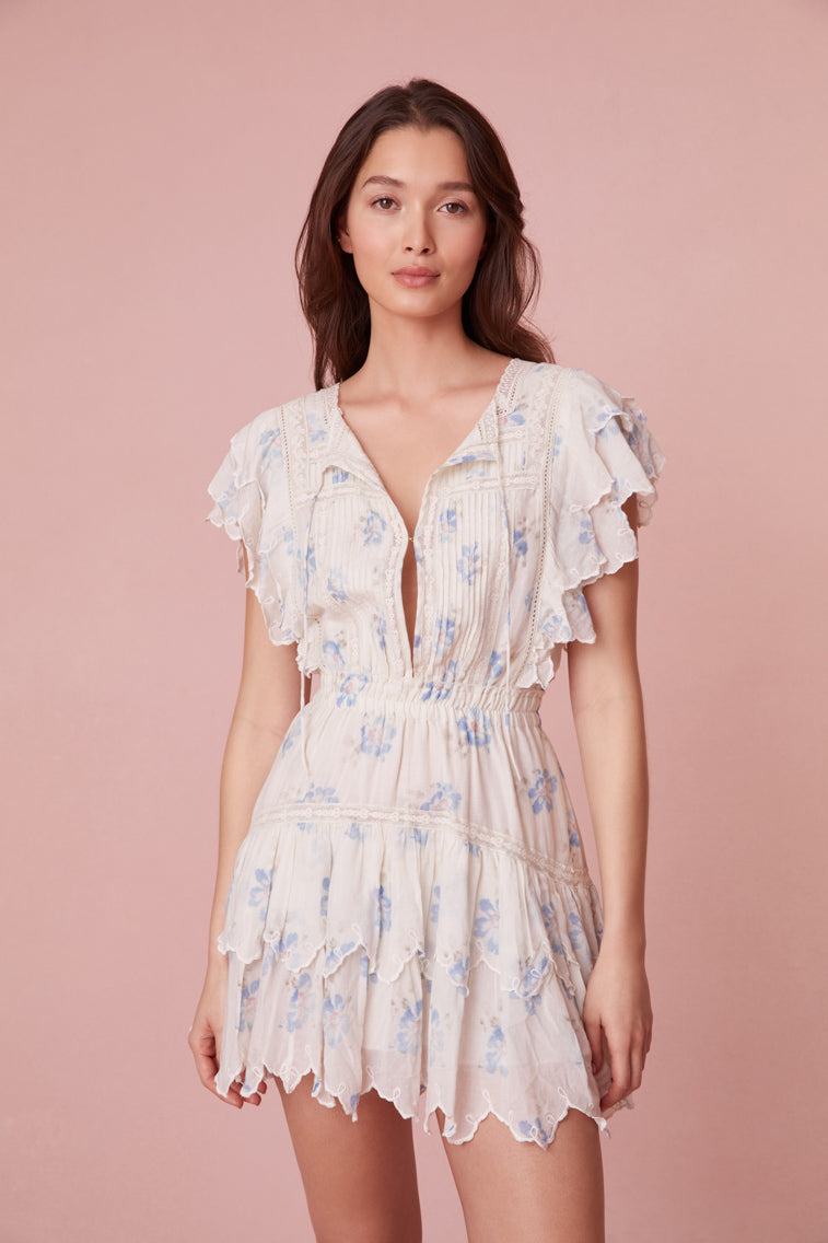 Mini dress with flutter sleeves featuring delicate pin-tucks and lace details
