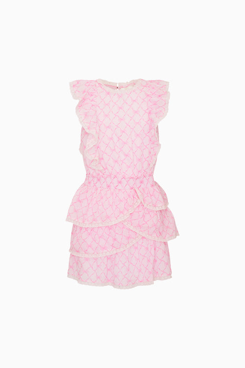 Pink bow print ruffle dress on a white background