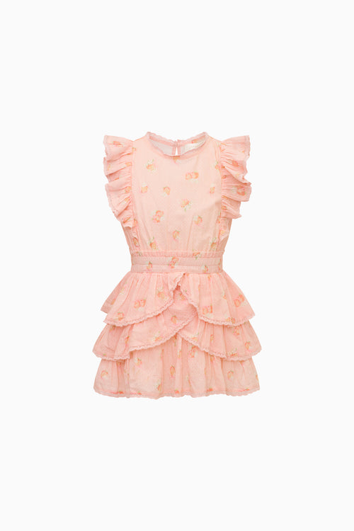 Pink ruffled dress on a white background