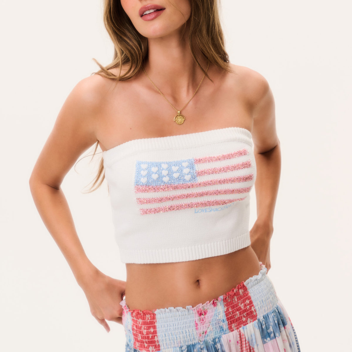 American Flag Graphic Cropped Strapless Knit Tube Top | LoveShackFancy