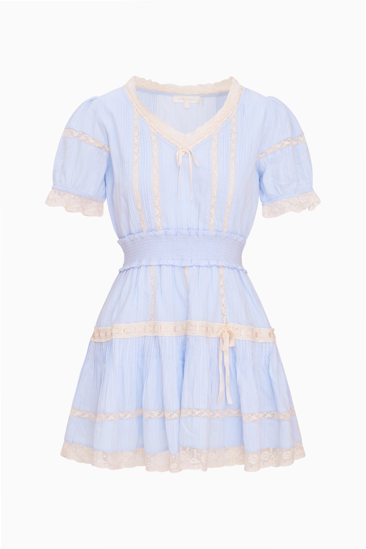 V-Neck Puff Short Sleeve Lace Ribbon Mini Dress | LoveShackFancy