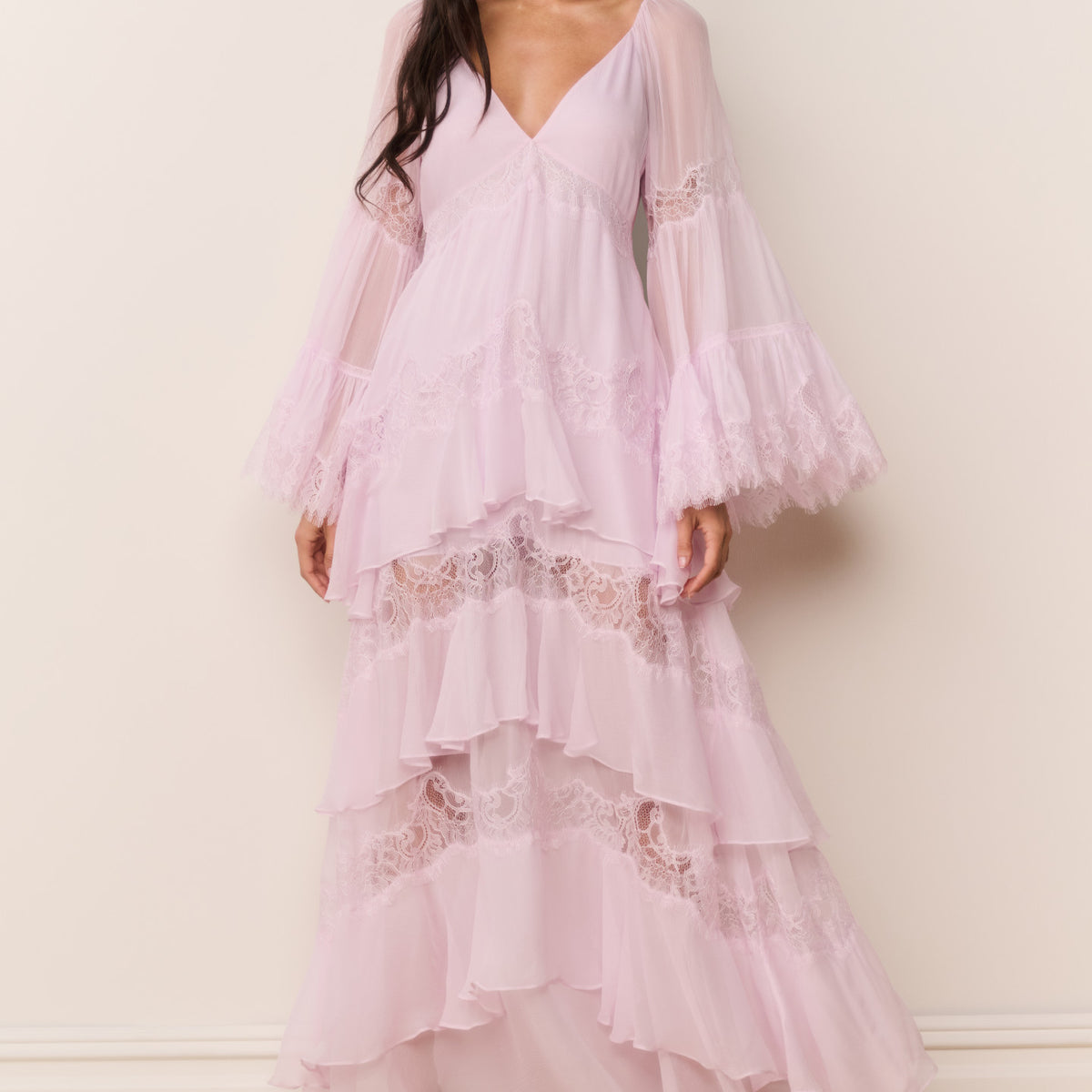 india maxi dress love shack fancy Devina Silk Chiffon Lace Maxi Dress Orchid ICE / XS